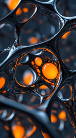 3D render of an abstract organic pattern, a glass and metal structure with a glowing orange liquid inside the cells, against a dark blue background, hyper-realistic. --ar 71:128 --v 6.1 Job ID: 03dbaee1-dbb8-475c-aaf3-979d4b843419の素材