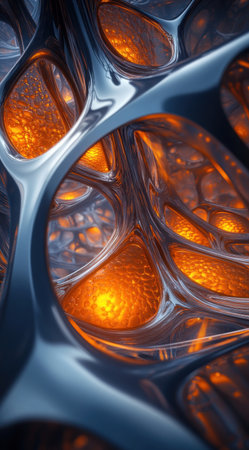 3D render of an abstract organic pattern, a glass and metal structure with a glowing orange liquid inside the cells, against a dark blue background, hyper-realistic. --ar 71:128 --v 6.1 Job ID: 03dbaee1-dbb8-475c-aaf3-979d4b843419の素材