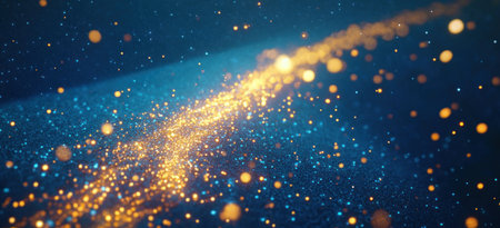 A blue background with a golden, glittering Christmas tree, a starry sky, and snowflakes in the air. A shiny, gold trail of light flows down from the top-left corner to the bottom-right edge of the photo. The overall effect is magical and festive. It can be used as an illustration for a New Year's card or other celebration design. --ar 11:5 --v 6.1 Job ID: f617a977-f98d-4349-974a-4431f5a08355の素材