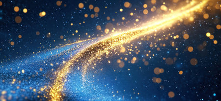 A blue background with a golden, glittering Christmas tree, a starry sky, and snowflakes in the air. A shiny, gold trail of light flows down from the top-left corner to the bottom-right edge of the photo. The overall effect is magical and festive. It can be used as an illustration for a New Year's card or other celebration design. --ar 11:5 --v 6.1 Job ID: f617a977-f98d-4349-974a-4431f5a08355の素材