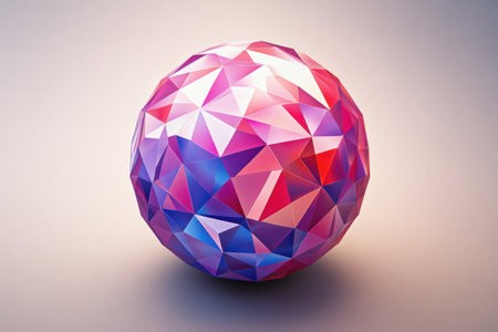 3D render of a colorful polygonal sphere with red and violet triangles on a grey background, in the style of 2D illustration, low poly, isometric view, Blender rendering, Cinema 4D, Octane rendering. --ar 3:2 --v 6.1 Job ID: 6d790e49-a2bd-4fc2-9d5b-c86572b8ac5cの素材