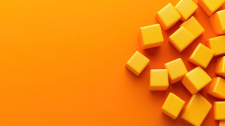3D rendering of yellow cubes flying on an orange background. Abstract, motion-blurred, simple geometric shapes, a minimal design banner for a business presentation. Close-up. --chaos 30 --ar 16:9 --v 6.1 Job ID: ebd1f8c7-7e7c-4d9d-9128-beed9747431aの素材
