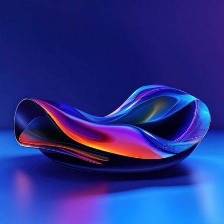 A blue background with colorful, wavy lines and curves, a gradient of neon colors flowing down the page, a dark, black shape in front of it, a smooth and shiny surface, a simple and elegant design, a sense of movement or fluidity to convey energy, a vibrant color palette that reflects vibrancy and excitement, a high-resolution digital illustration, a close-up view focusing on texture and detail, a modern aesthetic with a touch of boldness and creativity. --v 6.1 Job ID: 984de579-5420-4e1a-b4bc-705debfaf864の素材