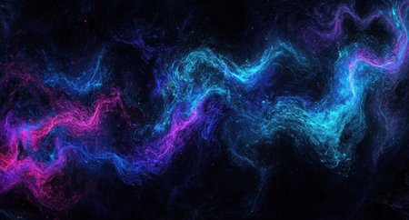 A digital art piece featuring an abstract background with neon blue, purple, and teal lines that create waves of light on a black canvas. The composition is a close-up view showcasing the fluidity in movement created by these glowing curves. This design creates a sense of depth through the contrast between the dark space and vibrant colors, making it ideal for conveying energy or emotion within a creative context. --ar 28:15 --v 6.1 Job ID: 994c87b1-0098-4949-a347-df24c0a61456の素材