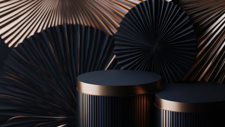 3D render, an abstract geometric background with golden lines and black paper fans, a podium for a product presentation scene. Minimalist stage design concept. --ar 53:30 --v 6.1 Job ID: b20f20fa-8a47-4ee7-9d43-0f87e300e756の素材