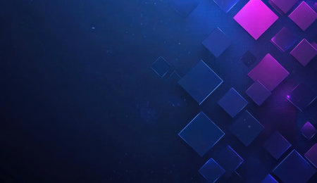 Abstract background with dark blue and purple squares of different sizes, creating an intricate pattern. The composition is balanced and aesthetically pleasing, perfect for showcasing products or highlighting themes related to technology, digital design, AI, 3D rendering, high resolution. --ar 26:15 --v 6.1 Job ID: c2fef8f7-c596-4688-b8d2-5569d41fe48eの素材