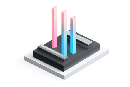 Isometric view of a simple, minimalistic modern design element with blue and pink accents on a white background. The base is a dark grey metal rectangle with three thin, silver pillars above it. On the side are three flat, square shapes. The design features simple geometry and isomorphic details, with a style reminiscent of isometric films, in the style of Nick Knight. The image is hyper-realistic photography. --ar 3:2 --v 6.1 Job ID: dc3b86b7-25b1-4707-aa87-2848ce0b6235の素材