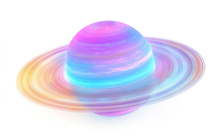 3D rendering of the planet Saturn with its rings, isolated on a white background, in a light purple and blue holographic style, vector illustration, sticker, sticker sheet design, colorful, neon color palette, glowing lighting, transparent technology, high resolution, high detail, high quality, high color contrast, HDR. --ar 8:5 --v 6.1 Job ID: 2cbb90bd-9937-4ba7-9003-6f4828eb31c7の素材