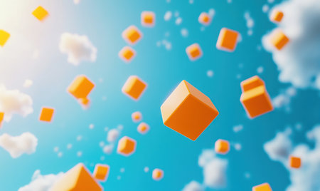 3D rendering of flying orange cubes on a blue background. Abstract cloud or box shapes, a simple minimalistic design, a vector illustration concept for technology and web development with copy space. --ar 5:3 --v 6.1 Job ID: b471a5a9-99eb-433f-9443-692a60dfd065の素材