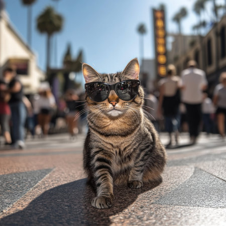A cat wearing sunglasses posing on the Hollywood Walk of Fame, looking cool and stylish. The background is bustling with people walking in front of famous movie theaters, captured with a 200mm lens, f/5.6 aperture, shallow depth of field, natural lighting, on a sunny day. --v 6.1 Job ID: 5ddf0a1c-1e71-4638-923c-851e7c5a2363の素材