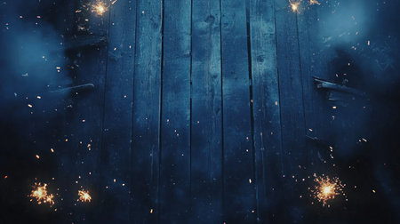 A blue wooden background with sparklers on the sides, creating an atmosphere of celebration and joy for New Year's Eve or other festive events. The sparks add a touch of magic to create an enchanting backdrop that is perfect for conveying happy emotions during celebrations. --chaos 30 --ar 16:9 --v 6.1 Job ID: 8cf12d9e-30fa-45b7-8d3d-4ff076a23cd9の素材