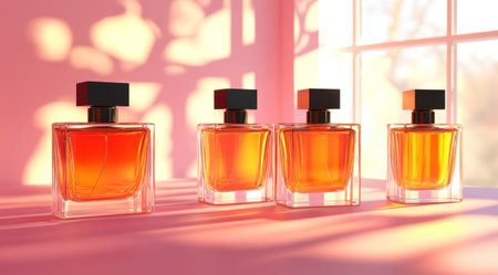 3D rendering of five bottles of perfume on a table, with a pink background and window light shining in from behind. The black square caps are simple and elegant, with orange liquid inside. There's no one around. In the style of a high-resolution, high-detail, high-quality, in-focus image. --ar 128:71 --v 6.1 Job ID: 6f96350b-23e3-4ba7-92d6-ab982eb01f90の素材