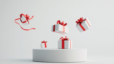 3D rendering of gift boxes flying around a white podium with a red ribbon on a light grey background. A minimal scene for a product display presentation design. A Christmas and birthday present concept. --ar 53:30 --v 6.1 Job ID: fb5d5d70-d2f8-4801-b75e-a6ab6a8f1d78の素材