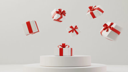 3D rendering of gift boxes flying around a white podium with a red ribbon on a light grey background. A minimal scene for a product display presentation design. A Christmas and birthday present concept. --ar 53:30 --v 6.1 Job ID: fb5d5d70-d2f8-4801-b75e-a6ab6a8f1d78の素材
