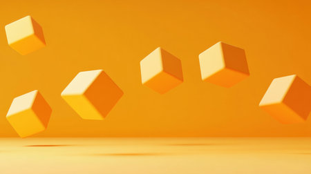 3D rendering of yellow cubes flying on an orange background. Abstract, motion-blurred shapes of falling blocks, a 2D illustration with a minimalistic design and empty space for text. Simple vector graphic illustration. Vector illustration, close-up view. --chaos 30 --ar 16:9 --v 6.1 Job ID: 67bf066d-886c-4be9-ac3e-5c30e2ee8970の素材