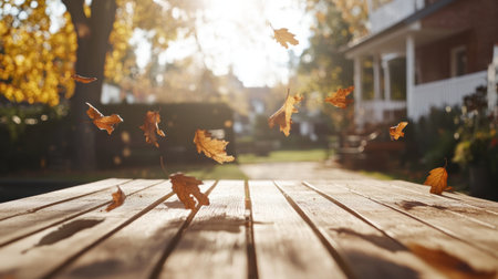 Autumn background with a wooden table and a blurred autumn landscape in the morning light for product display montage, high definition, no people, warm color tone, bright sunlight, and copy space on wooden planks. Autumn leaves flying around. --chaos 30 --ar 16:9 --v 6.1 Job ID: 3ffc6012-5c89-4cf8-b618-7aab5359300cの素材