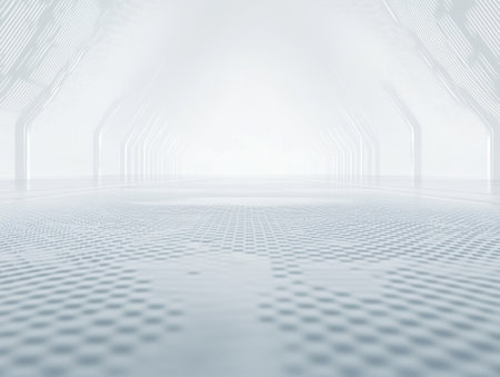 3D rendering of a white abstract background with a hexagon pattern on a light grey backdrop. The design symbolizes technology, science, and innovation. A futuristic concept for a business or industry presentation. Empty space for text. --ar 4:3 --v 6.1 Job ID: 8cc79f42-3229-4746-83e3-841b43b53f0fの素材