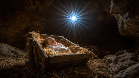 A small manger filled with hay and a newborn baby in the center, illuminated by rays of light from above. The background is dark brown. There's no one else around except for Jesus lying on his side inside the cradle. In front, there's a bright blue star shining down onto him. It gives off a warm glow. A soft mist swirls gently over the ground, adding to the magical atmosphere. This scene symbolizes Christmas day and conveys peace and hope. --chaos 30 --ar 16:9 --v 6.1 Job ID: a7ea65f0-6b1b-4dd6-9824-c39a54b3f636の素材