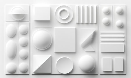 3D rendering of white geometric shapes on a flat background. The composition includes circles, squares, and triangles arranged in an abstract pattern. Clean lines with soft shadows create the appearance of depth while maintaining simplicity. This design is suitable for various applications such as packaging, branding, or graphic art. --ar 5:3 --v 6.1 Job ID: a3c1aaaa-fbed-416e-a783-f491cbe5d374の素材
