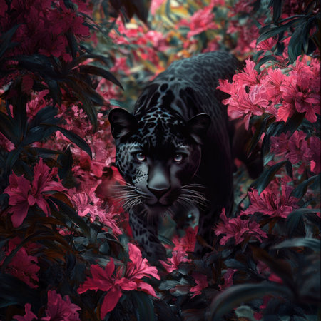 A black leopard prowling through the jungle, surrounded by vibrant pink flowers. The scene is rendered in a dark, fantastical art style, with a hyper-realistic and cinematic quality. --v 6.1 Job ID: 30a797cc-6acd-43d8-ac69-e6075c3398c4の素材