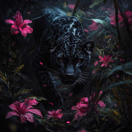 A black leopard prowling through the jungle, surrounded by vibrant pink flowers. The scene is rendered in a dark, fantastical art style, with a hyper-realistic and cinematic quality. --v 6.1 Job ID: 7b624ebd-5628-469e-9d81-2ef724b0a7a6の素材