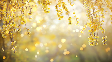 A beautiful golden background with hanging willow catkins, blurred light bokeh in the distance, ample copy space for text, banner design, wide empty space on the left side for writing a title and other elements, high resolution. --chaos 30 --ar 16:9 --v 6.1 Job ID: b3f52c9b-236b-4e26-9500-505562b176c5の素材