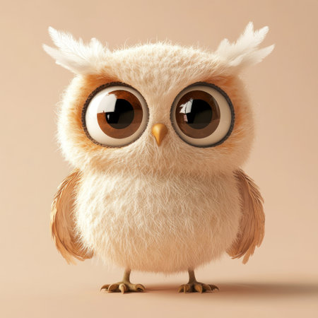 A cute owl with big eyes, a soft and fluffy body, in a cartoon style, 3D rendering, on a light background, with white feathers on the head, a mischievous expression, a small mouth, large brown pupils, a simple design, a full-body portrait, in a front view, with warm colors, and a delicate texture. --v 6.1 Job ID: 684bb754-08bc-46b3-86c0-44d598f127b3の素材