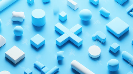 Blue background with a blue cross, square, and cube shapes. Simple, minimal, 3D rendering in an isometric design. High resolution. --chaos 30 --ar 16:9 --v 6.1 Job ID: 73998a4e-e5fa-4a93-a4a3-0266017ce4c5の素材