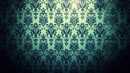A large, distressed background with an intricate pattern of lace and floral motifs in shades of blue, creating a vintage feel. The design is reminiscent of old wallpaper or fabric patterns, with subtle shading for depth. This texture would be ideal as the base layer to add text on top. --chaos 30 --ar 16:9 --v 6.1 Job ID: b9751a1e-332e-4961-8ae9-b9d784719f3dの素材