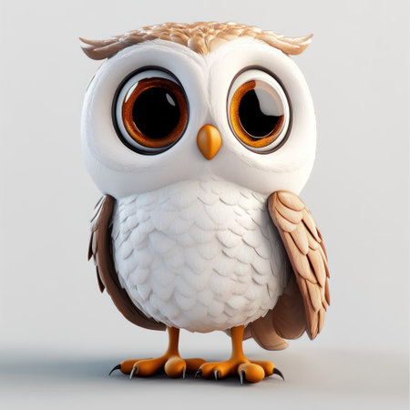 A cute owl with large eyes, in a cartoon style, 3D rendering, simple background, white and brown color scheme, high-definition resolution, cute expression, strong facial features, cute character design, soft lighting, natural colors, and endearing postures. --v 6.1 Job ID: 784fcebf-d814-416b-b7a8-a3cc27e0de72の素材