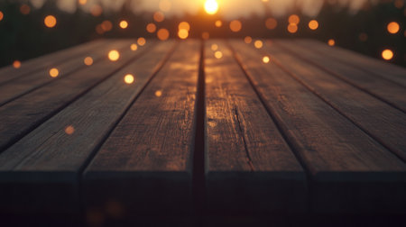 A wooden background with bokeh lights and fireworks on the sides, creating an atmosphere of celebration for New Year's Eve or other festive events. The warm tones of the brown wood contrast beautifully against the golden sparks from the firecrackers, providing a perfect backdrop for your promotional images or banners. This is an ultra-realistic photograph captured in high-resolution 3D rendering. --chaos 30 --ar 16:9 --v 6.1 Job ID: eda5639c-37c6-4238-9fe2-ac08e8b421a0の素材