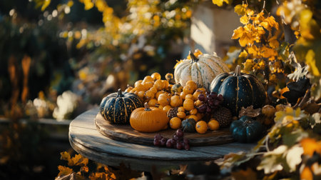 Autumn background with pumpkins on a wooden table and golden autumn leaves over an orange sunlit nature backdrop, a panoramic view. Rustic autumn fall concept for display of product or design in a warm color tone. --chaos 30 --ar 16:9 --v 6.1 Job ID: 581f9517-e6f5-4196-9c58-e5e5a2dca02aの素材