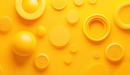3D rendering of a yellow abstract background with geometric shapes and circles for presentation, mock-up design. Flat lay, top-view composition, high-resolution photography. --ar 26:15 --v 6.1 Job ID: c6a67815-9fa4-4ca1-b8c3-6833e24643c6の素材
