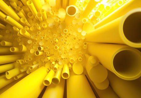 3D rendering of a yellow abstract background with tubes and spheres. Bright colors, light and shadow, flat lay. Yellow gradient. Background for a presentation design or social media post, website template. --ar 22:15 --v 6.1 Job ID: 18059ba1-543f-4128-b05a-c6cb6ed8f180の素材