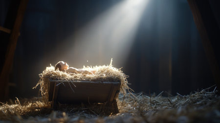A ray of light shines on the baby Jesus in his manger, illuminating it with divine beauty. The background is dark and has an empty space for text or graphics. In front, there's a small wooden cradle filled with hay, surrounded by dry branches and straw. --chaos 30 --ar 16:9 --v 6.1 Job ID: fef5cee8-fc87-479e-a4d6-d29cdfb7d901の素材