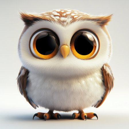 A cute owl with large eyes, in a cartoon style, 3D rendering, simple background, white and brown color scheme, high-definition resolution, cute expression, strong facial features, cute character design, soft lighting, natural colors, and endearing postures. --v 6.1 Job ID: 784fcebf-d814-416b-b7a8-a3cc27e0de72の素材