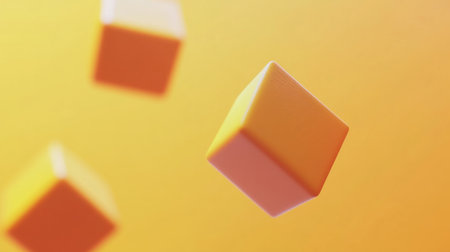 3D rendering of yellow cubes flying on an orange background. Abstract, motion-blurred, simple geometric shapes, a minimal design banner for a business presentation. Close-up. --chaos 30 --ar 16:9 --v 6.1 Job ID: ebd1f8c7-7e7c-4d9d-9128-beed9747431aの素材