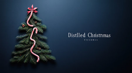 A minimalistic, flat-lay photograph of a Christmas tree made from pine leaves and candy canes on a dark background. The text "Distilled Christmas" and a loading bar graphic are included in the design. The image has been professionally color-graded, resulting in a high-resolution, visually striking composition in the style of minimalist design. --chaos 30 --ar 16:9 --v 6.1 Job ID: 21bf8ba8-d913-4590-a077-8ad7d154c1e5の素材