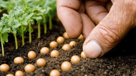 Hand-planting seeds in soil with a green background and sunlight. Bending down to plant the seeds of a vegetable or fruit. Eco-friendly concept. Stock photo, copy space banner for design mockup, high resolution. --chaos 30 --ar 16:9 --v 6.1 Job ID: 0b5432f3-3dd4-4d9b-9a96-41f2bf08df04の素材