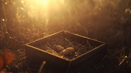 A small manger filled with straw, in which the baby Jesus is lying at the bottom, illuminated by a bright light from above. The background features a soft, misty atmosphere, and other details such as a wooden cradle or rocks can be seen in the distance. This scene symbolizes that the baby Jesus was born into a humble setting, surrounded by gentle rays of sunlight. It reflects the Christmas season and the biblical narrative. --chaos 30 --ar 16:9 --v 6.1 Job ID: 7c4da91a-e0e8-4c64-9341-4b3a850005adの素材