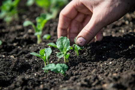 Hand-watering a young plant sprout in soil with sun rays, green background. Carbon Flow Day stock photo contest winner, professional photography. --ar 3:2 --v 6.1 Job ID: 05077962-096a-41dc-ac87-e2276720c2adの素材