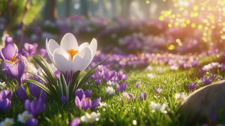A white crocus flower in the foreground, surrounded by purple flowers of various sizes and shapes. The background is blurred grass with sunlight filtering through it. Captured using a Canon EOS camera with a wide-angle lens, natural light, focus on detail and color palette. Wide banner format for a website header. --chaos 30 --ar 16:9 --v 6.1 Job ID: af749d32-407d-49bc-8849-6e749e6a4c41の素材