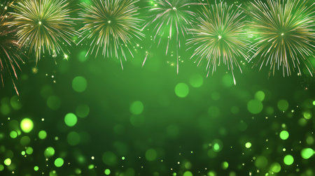A green background with fireworks and bokeh lights, creating an atmosphere of celebration for the New Year or other festive events. The fireworks add color to the scene while also providing space on one side for text or images. This design is suitable for advertising, promotional materials, social media posts, web pages, and more. It's perfect as a banner or header in various sizes. --chaos 30 --ar 16:9 --v 6.1 Job ID: 06e20775-a97c-422f-95a5-3cbb2b473769の素材