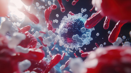 A close-up view of the red and blue liquid background with stylized cartoonish reds, white cells, and light gray amoeba-like shapes floating around. The focus is on one large, clear coronavirus cell in the center, surrounded by smaller red and dark blue fluid particles. --chaos 30 --ar 16:9 --v 6.1 Job ID: 847b383f-ba59-4d7d-8468-1c2cb23c7f6eの素材