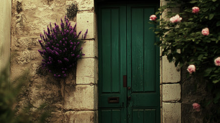 A beautiful arrangement of peonies and lavender against the background of an emerald green door, in peach tones, high-resolution photography, high quality. --chaos 30 --ar 16:9 --v 6.1 Job ID: 6cd63bab-9bc0-4a46-81e3-db6feec68c49の素材