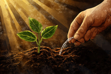 Hand-watering a young plant sprout on a soil background with sun rays, a concept for environment protection and ecology. Printable vector illustration, stock photo contest winner, stock photography, stock photo, photo-realistic. --ar 3:2 --v 6.1 Job ID: 53fdfd70-c68d-4430-a38f-6a892e7bb9edの素材