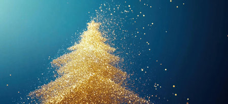 A golden Christmas tree is made of light and glitter, against the background there is a blue sky with stars. The Christmas tree has a glittery gold effect on a dark blue background, making it a suitable design for a Christmas card or banner, with space for text. --ar 11:5 --v 6.1 Job ID: 924367ed-130a-4db8-911d-169a5ad3fdedの素材
