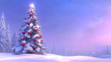 A beautiful Christmas tree, covered in snow, stands tall and full of charm on the snowy ground under a starry sky. It is adorned with red ornaments that shimmer like stars against its white, fluffy texture. The background features a gradient from blue to purple, creating an enchanting atmosphere for festive celebration. This high-quality photograph captures every detail, showcasing the beauty of nature's artistry during the holiday season. --chaos 30 --ar 16:9 --v 6.1 Job ID: d144f55b-2395-4348-8cf2-23cc90352fc9の素材