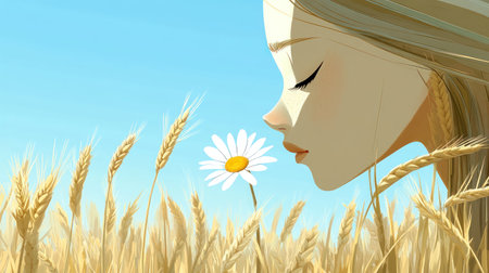 A daisy flower and wheat ear in the foreground, with a clear blue sky above and golden fields of grain stretching into the distance. The focus is on the face. --chaos 30 --ar 16:9 --v 6.1 Job ID: b2e67030-9b54-4473-9429-4d5d68e633f6の素材