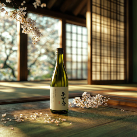 A bottle of green wine on the table, surrounded by cherry blossoms in an ancient Japanese-style house with wooden screens and tatami mats. The interior is filled with natural light from large windows, creating a serene atmosphere. High-resolution photography, color grading, soft shadows, low contrast, clean sharp focus, natural lighting, high-end retouching, advertising photography, commercial photoshoot, depth of field. --v 6.1 Job ID: 1b11f3f9-8a31-45af-90f8-20ab14b93790の素材